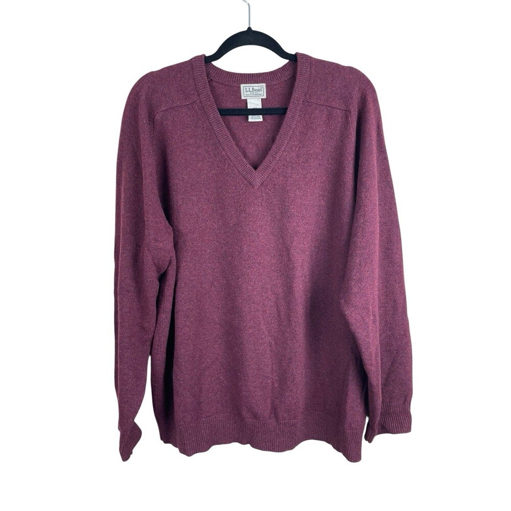 LL Bean Sweater Mens Large Burgandy 100% Lambs Wool V Neck Pullover‎ Outdoor